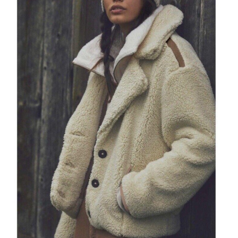 NWT FREE PEOPLE joplin cozy teddy Sherpa coat in ivory size large - Picture 3 of 13